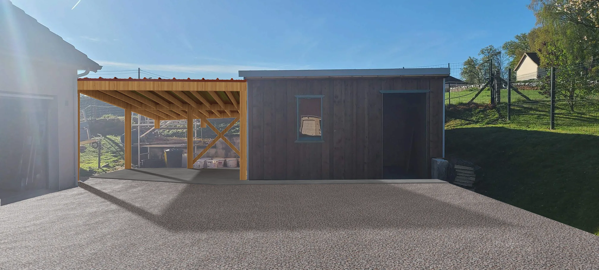 Insertion paysagère d’un carport en bois à Saint-Sulpice-le-Guérétois réalisée par BATICAD 3D