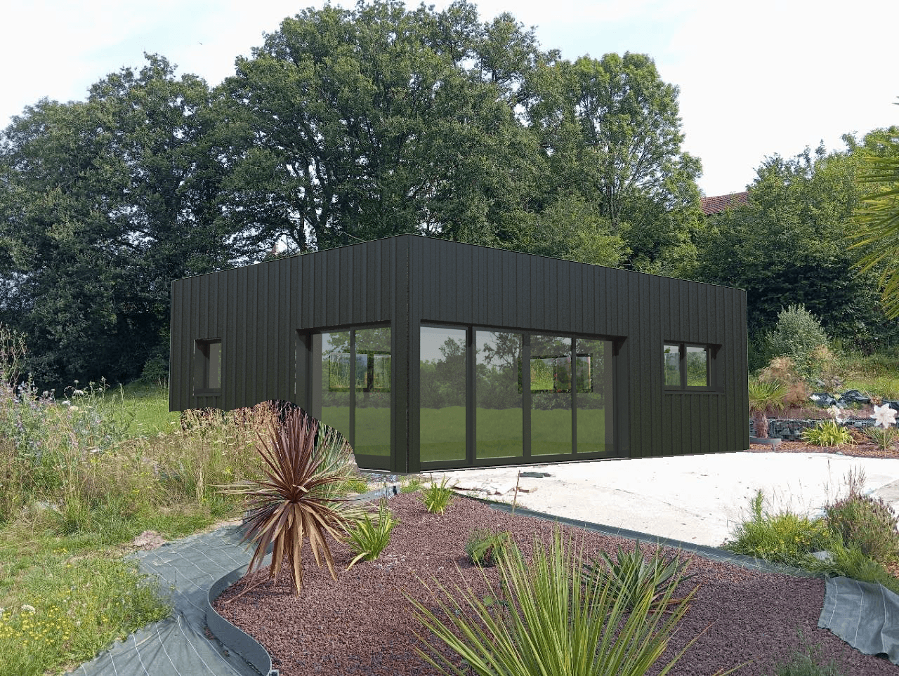 Insertion paysagère d’un poolhouse contemporain à Glénic réalisée par BATICAD 3D